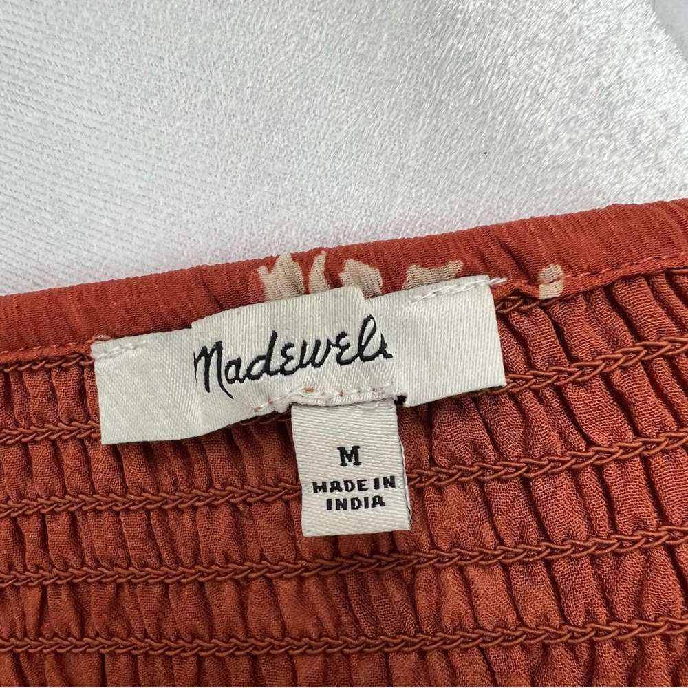 Madewell smocked Georgette Lucie puff sleeve top with tan flowers. - Picture 8 of 11